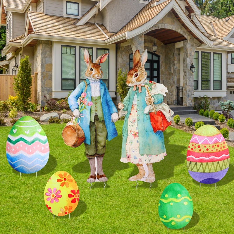 Vivantia 6 Pack Easter Yard Signs Vintage Bunny Couple Colorful Easter Eggs Corrugated Plastic Lawn Signs Outdoor Spring Decor for Lawn Patio Egg Hunt Party - Image 2