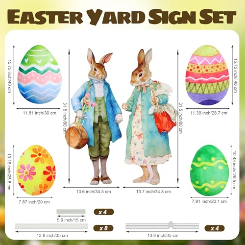 Vivantia 6 Pack Easter Yard Signs Vintage Bunny Couple Colorful Easter Eggs Corrugated Plastic Lawn Signs Outdoor Spring Decor for Lawn Patio Egg Hunt Party - Image 3