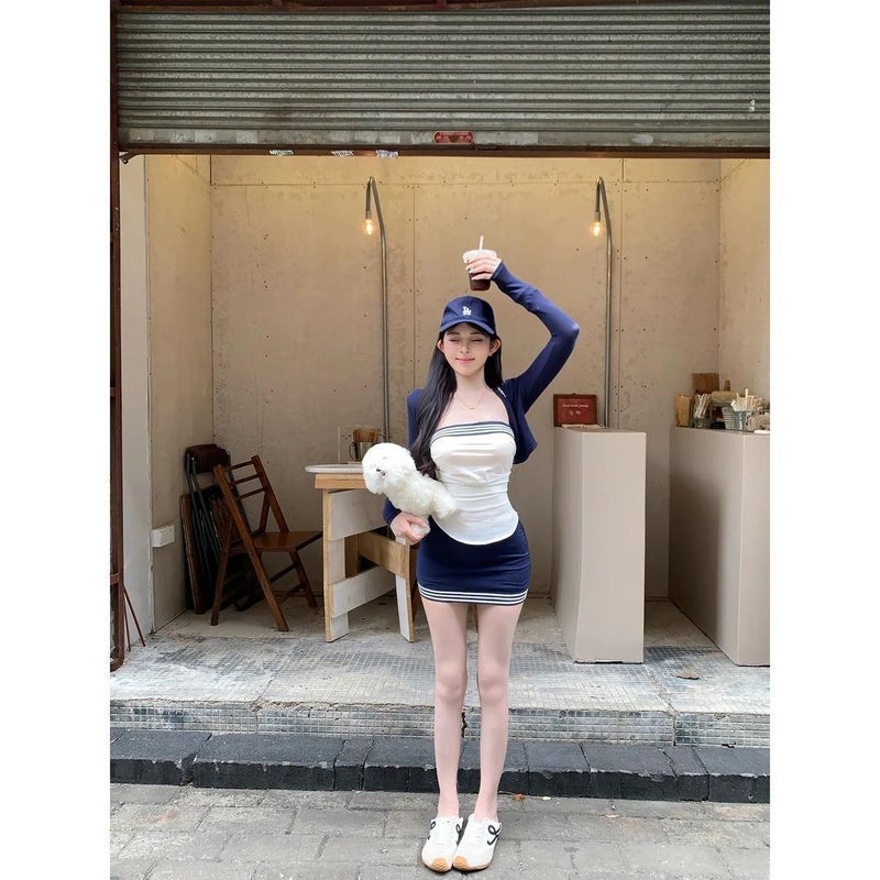 Women's Korean Style Color-Block Striped Vest, Cardigan and Skirt 3-Piece Set - Image 3