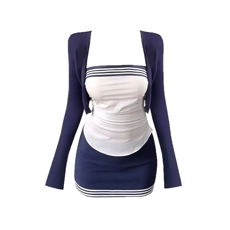 Women's Korean Style Color-Block Striped Vest, Cardigan and Skirt 3-Piece Set - Image 4