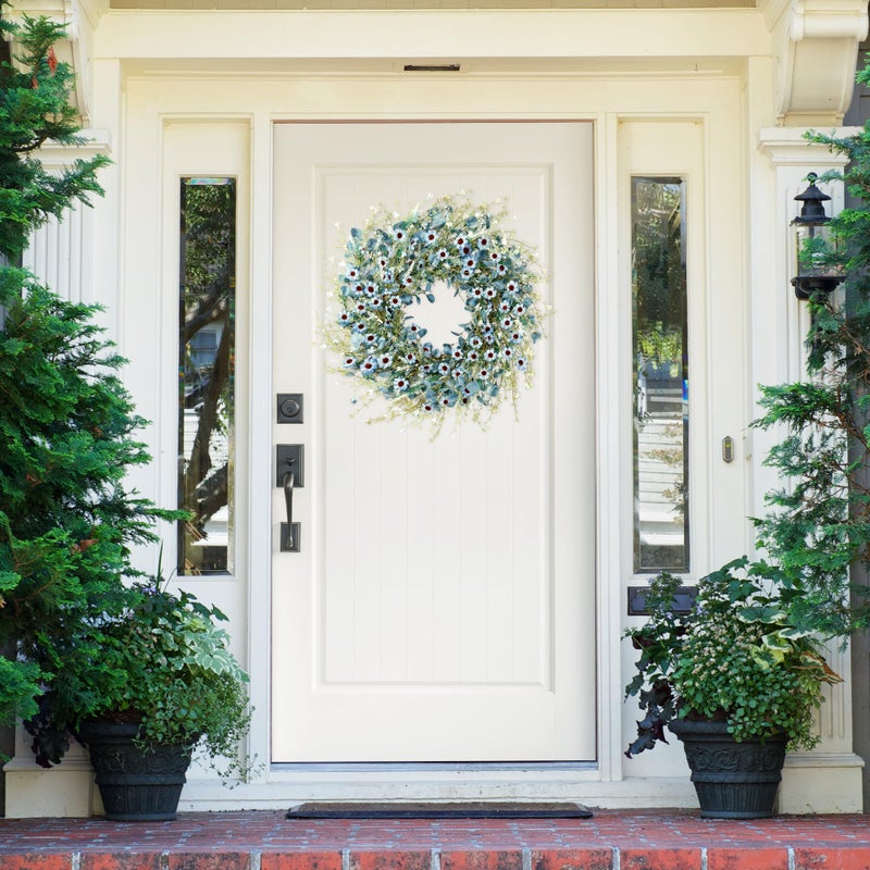 Sggvecsy Blue Daisy Wreath 24 Inch Spring Summer Fake Silk Floral Wreath with Green Eucalyptus Leaves and Lavender for Front Door Window Wall Wedding Farmhouse Festival Decor - Image 2