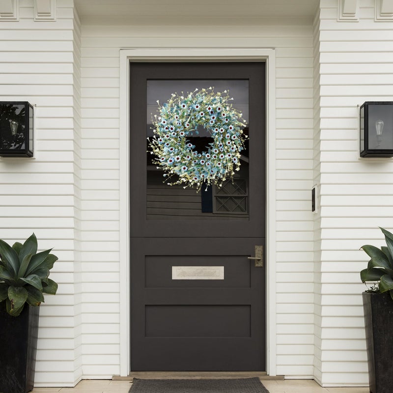 Sggvecsy Blue Daisy Wreath 24 Inch Spring Summer Fake Silk Floral Wreath with Green Eucalyptus Leaves and Lavender for Front Door Window Wall Wedding Farmhouse Festival Decor - Image 3
