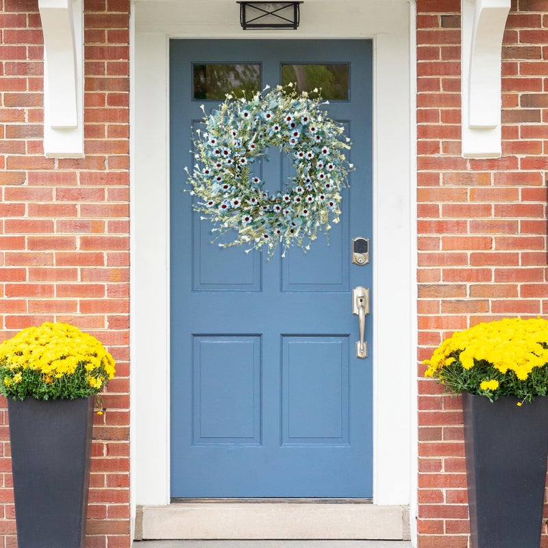 Sggvecsy Blue Daisy Wreath 24 Inch Spring Summer Fake Silk Floral Wreath with Green Eucalyptus Leaves and Lavender for Front Door Window Wall Wedding Farmhouse Festival Decor - Image 5