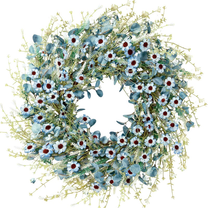 Sggvecsy Blue Daisy Wreath 24 Inch Spring Summer Fake Silk Floral Wreath with Green Eucalyptus Leaves and Lavender for Front Door Window Wall Wedding Farmhouse Festival Decor - Image 1
