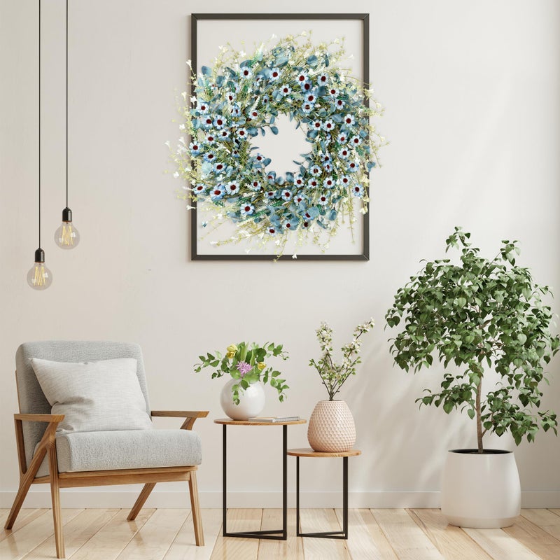 Sggvecsy Blue Daisy Wreath 24 Inch Spring Summer Fake Silk Floral Wreath with Green Eucalyptus Leaves and Lavender for Front Door Window Wall Wedding Farmhouse Festival Decor - Image 4