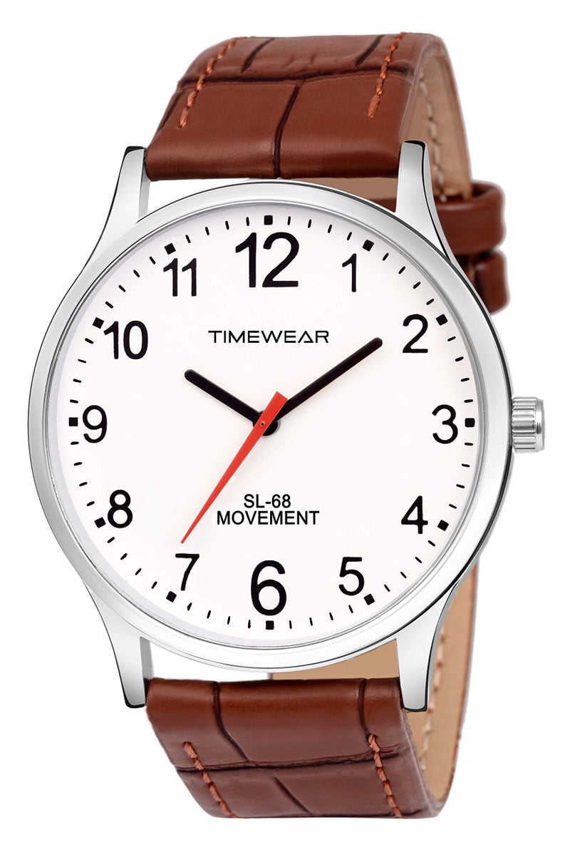 TIMEWEAR Analog White Number Dial Brown Leather Strap Watch for Men - Image 1