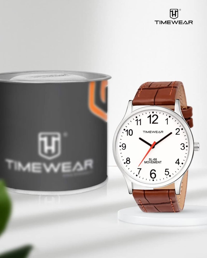 TIMEWEAR Analog White Number Dial Brown Leather Strap Watch for Men - Image 2