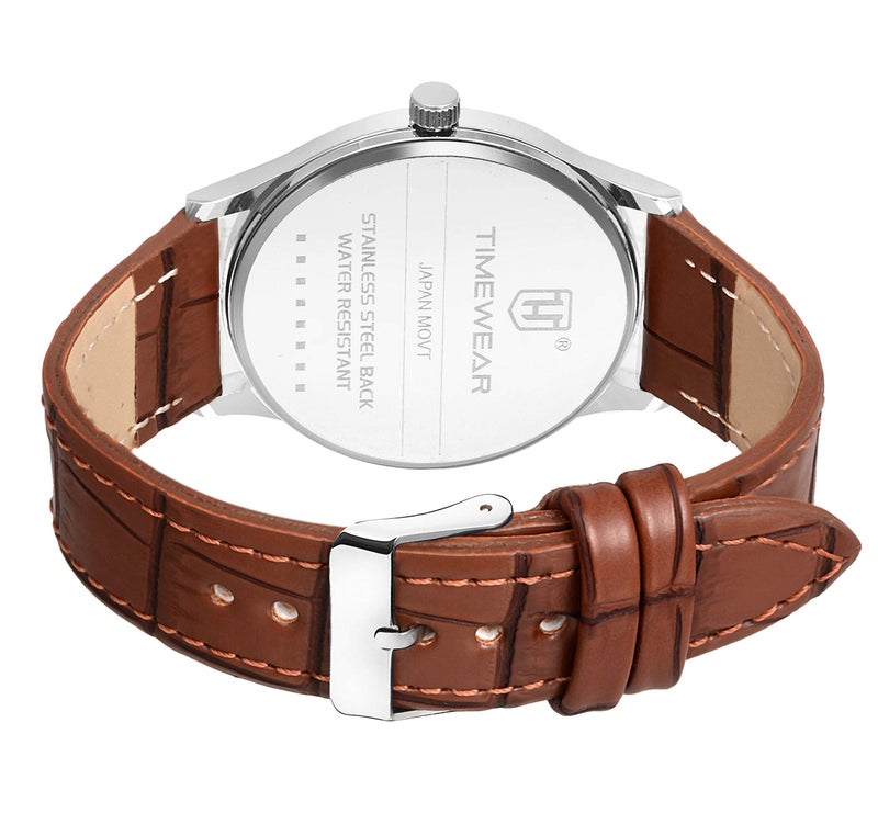 TIMEWEAR Analog White Number Dial Brown Leather Strap Watch for Men - Image 4