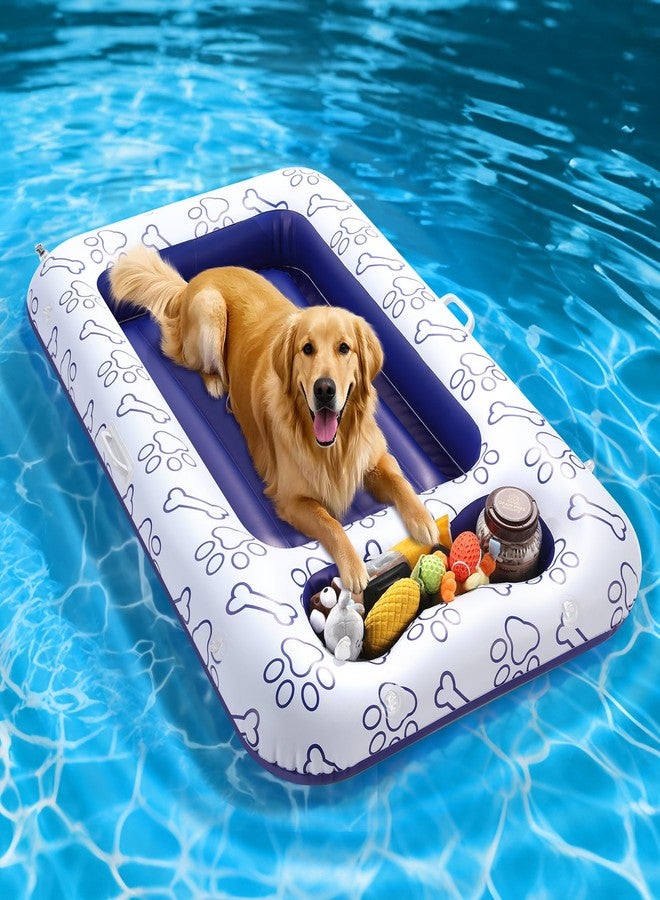 MoKo Dog Pool Float, 59 x 35 Inch Pool Floats for Small, Medium and Large Dogs, Floating Bed with Built-in Storage Area for Pet Toys and Food, Inflatable Dog Pool Float for Lake Camp, Blue Bone Claw - Image 1