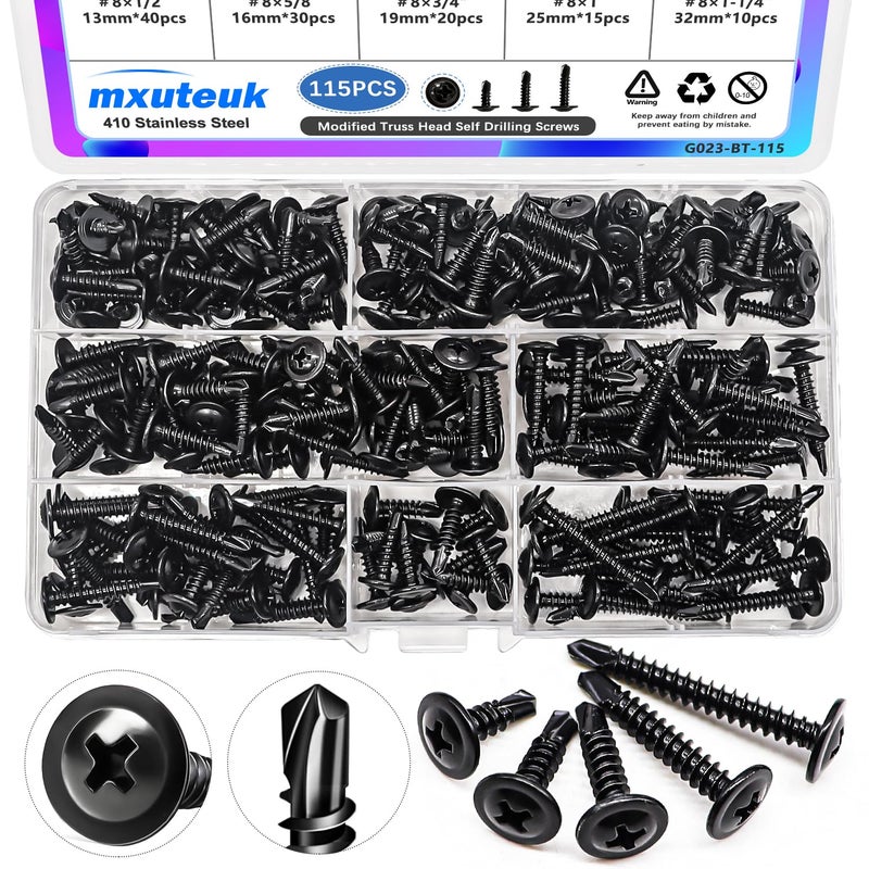 mxuteuk #8 Self Tapping Screws,410 Stainless Steel Self Tapping Screws for Metal,Modified Truss Head Self Drilling Screw (1/2",5/8",3/4",1",1-1/4") Sheet Metal Screw for Metal (115PCS) - Image 1