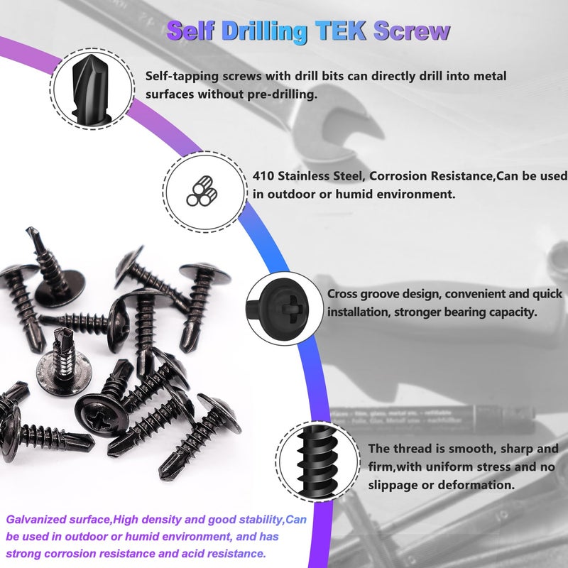mxuteuk #8 Self Tapping Screws,410 Stainless Steel Self Tapping Screws for Metal,Modified Truss Head Self Drilling Screw (1/2",5/8",3/4",1",1-1/4") Sheet Metal Screw for Metal (115PCS) - Image 4