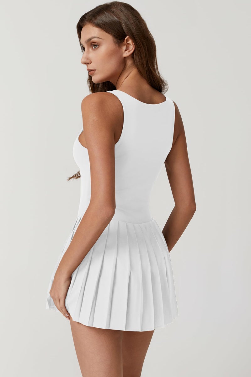 QINSEN Tennis Dress for Women Summer Square Neck Sleeveless Athletic Dress for Yoga Golf Exercise White S - Image 2