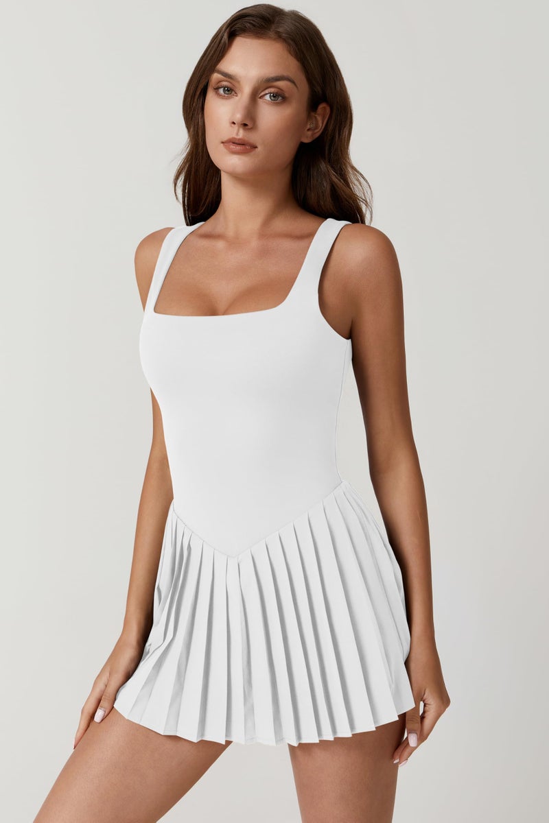 QINSEN Tennis Dress for Women Summer Square Neck Sleeveless Athletic Dress for Yoga Golf Exercise White S - Image 5