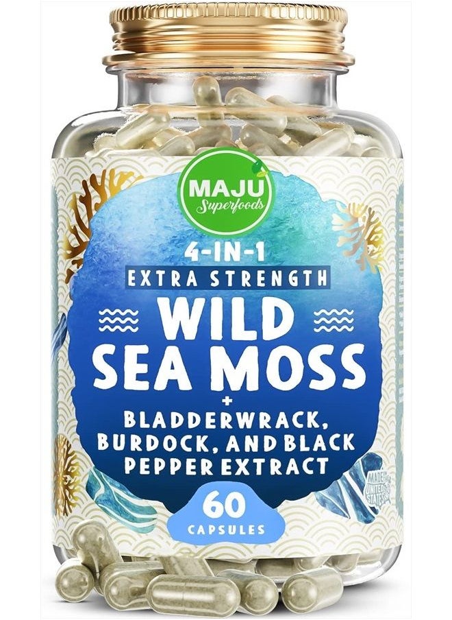 Maju Superfoods - MAJU 4-in-1 Organic Sea Moss Capsules, Wild Chondrus Crispus, Seamoss w/Bladderwrack + Burdock Root, Stronger Than Gel, Irish, Sebi Inspired Raw Powder in Pills, 500 mg Capsule (60 ct) - Image 1