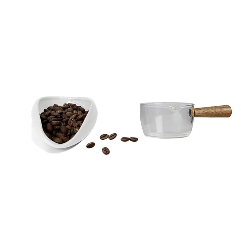 HSHQING White Coffee Bean Dosing Cup 100ML Mini Espresso Cup with Wooden Handles Thickened Glass Ceramic Dosing Vessel Coffee Bar Accessories
