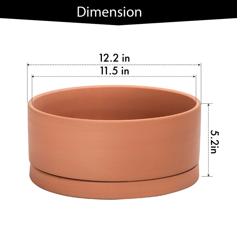 D'vine Dev 12 Inch Succulent Terracotta Shallow Pot with Drainage Hole and Saucer, Round Cylinder Planter Pot for Plant Flower, 40-Y-C-0 - Image 3