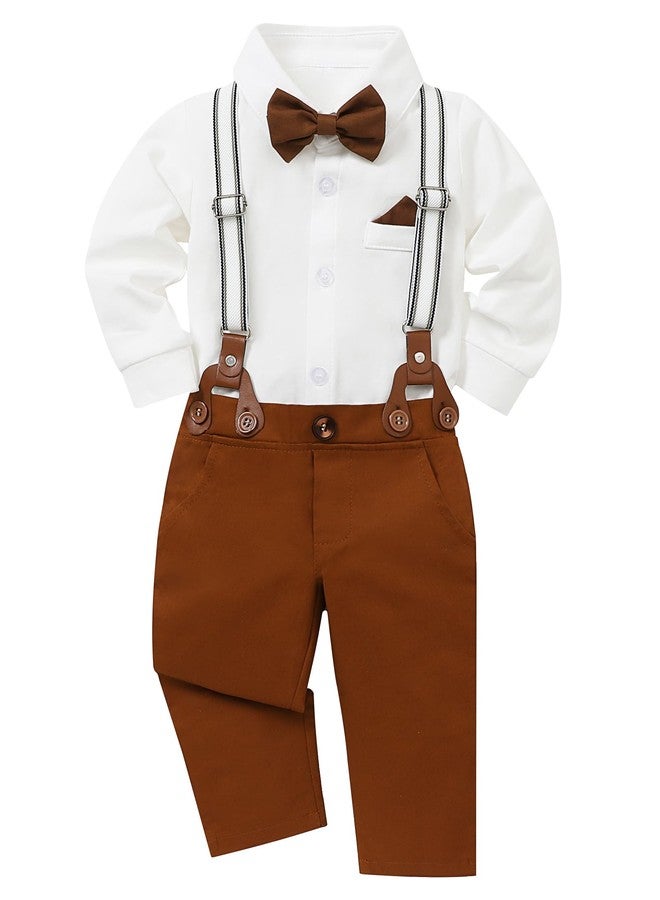 CARETOO Baby Boy Christening Outfit White Dress Shirt/Hats/Bow Tie/Brown Suspender Pants Baby Baptism Outfit Boy 18-24 Months - Image 1