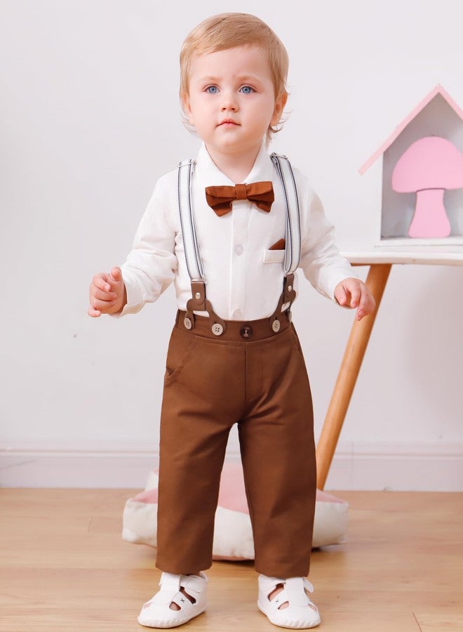 CARETOO Baby Boy Christening Outfit White Dress Shirt/Hats/Bow Tie/Brown Suspender Pants Baby Baptism Outfit Boy 18-24 Months - Image 3
