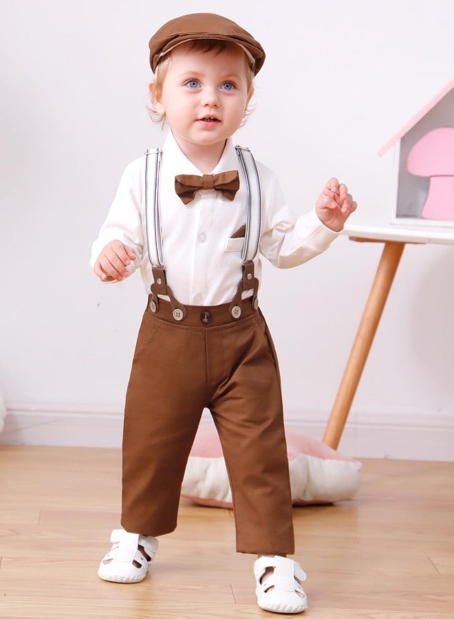 CARETOO Baby Boy Christening Outfit White Dress Shirt/Hats/Bow Tie/Brown Suspender Pants Baby Baptism Outfit Boy 18-24 Months - Image 2