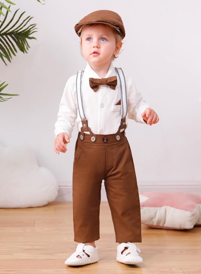 CARETOO Baby Boy Christening Outfit White Dress Shirt/Hats/Bow Tie/Brown Suspender Pants Baby Baptism Outfit Boy 18-24 Months - Image 4
