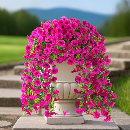 ADXORA Fake Artificial Hanging Morning Glory Flowers for Outdoor Planters Porch Pation Decoration2 Bundles UV Resistant Silk Faux Flowers with Realistic Eucalyptus Plants for Home Office Garden Decor - Image 1