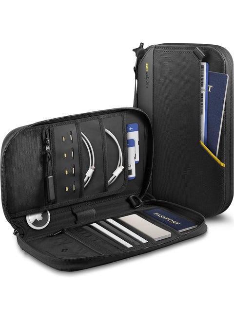 Passport Holder Pouch Wallet for Family, Travel Accessories Documents Organizer Protector Card Cover with RFID Blocking, SIM Card Holder and Eject Pin, Wrist strap, up to 4 Passports - Black