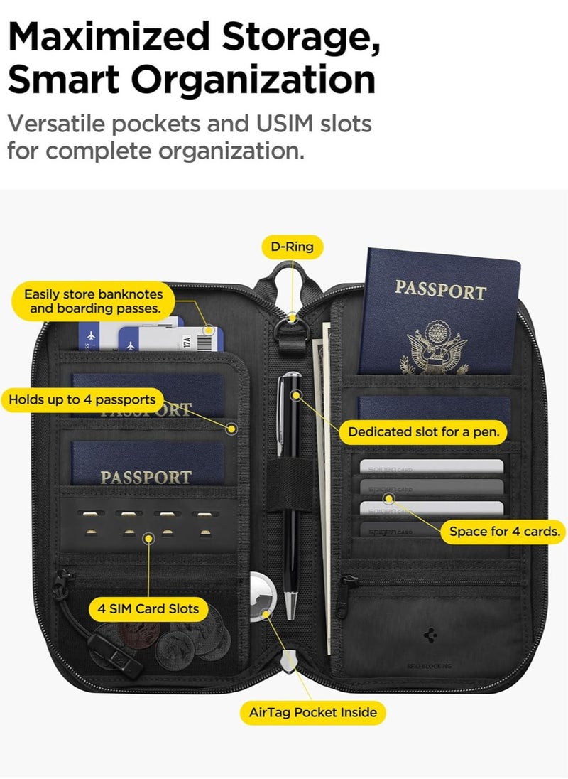 Spigen - Passport Holder Pouch Wallet for Family, Travel Accessories Documents Organizer Protector Card Cover with RFID Blocking, SIM Card Holder and Eject Pin, Wrist strap, up to 4 Passports - Black - Image 1