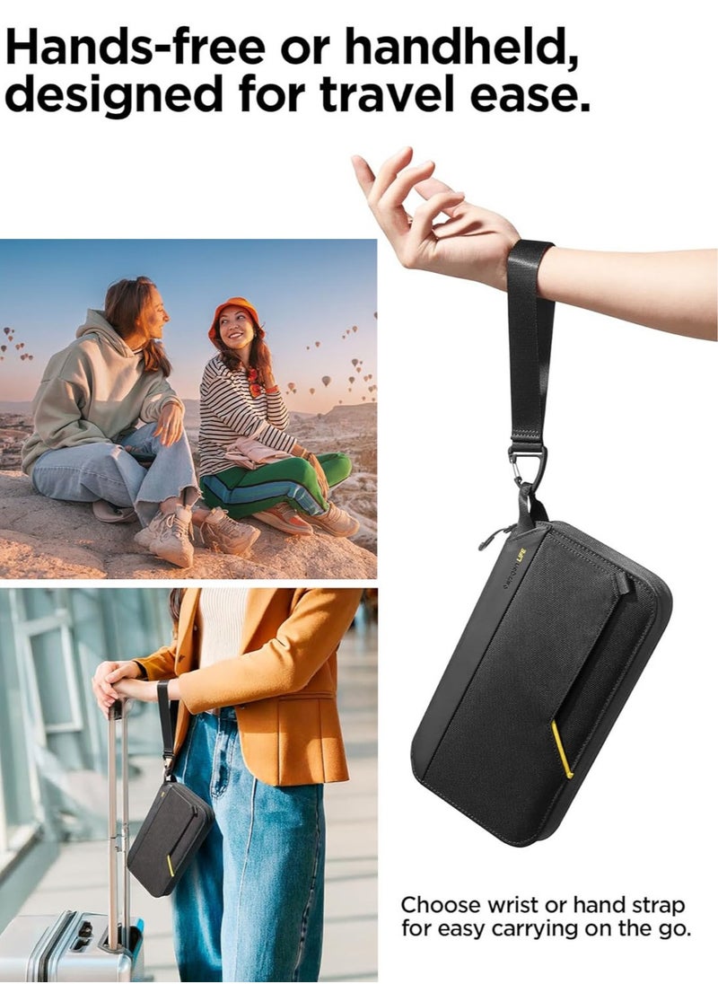 Spigen - Passport Holder Pouch Wallet for Family, Travel Accessories Documents Organizer Protector Card Cover with RFID Blocking, SIM Card Holder and Eject Pin, Wrist strap, up to 4 Passports - Black - Image 1
