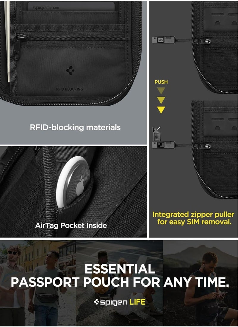 Spigen - Passport Holder Pouch Wallet for Family, Travel Accessories Documents Organizer Protector Card Cover with RFID Blocking, SIM Card Holder and Eject Pin, Wrist strap, up to 4 Passports - Black - Image 1