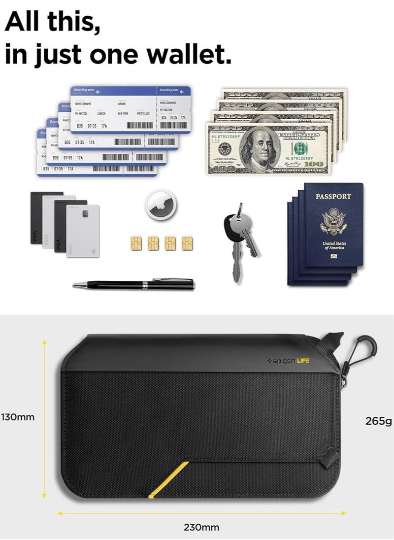 Spigen - Passport Holder Pouch Wallet for Family, Travel Accessories Documents Organizer Protector Card Cover with RFID Blocking, SIM Card Holder and Eject Pin, Wrist strap, up to 4 Passports - Black - Image 1