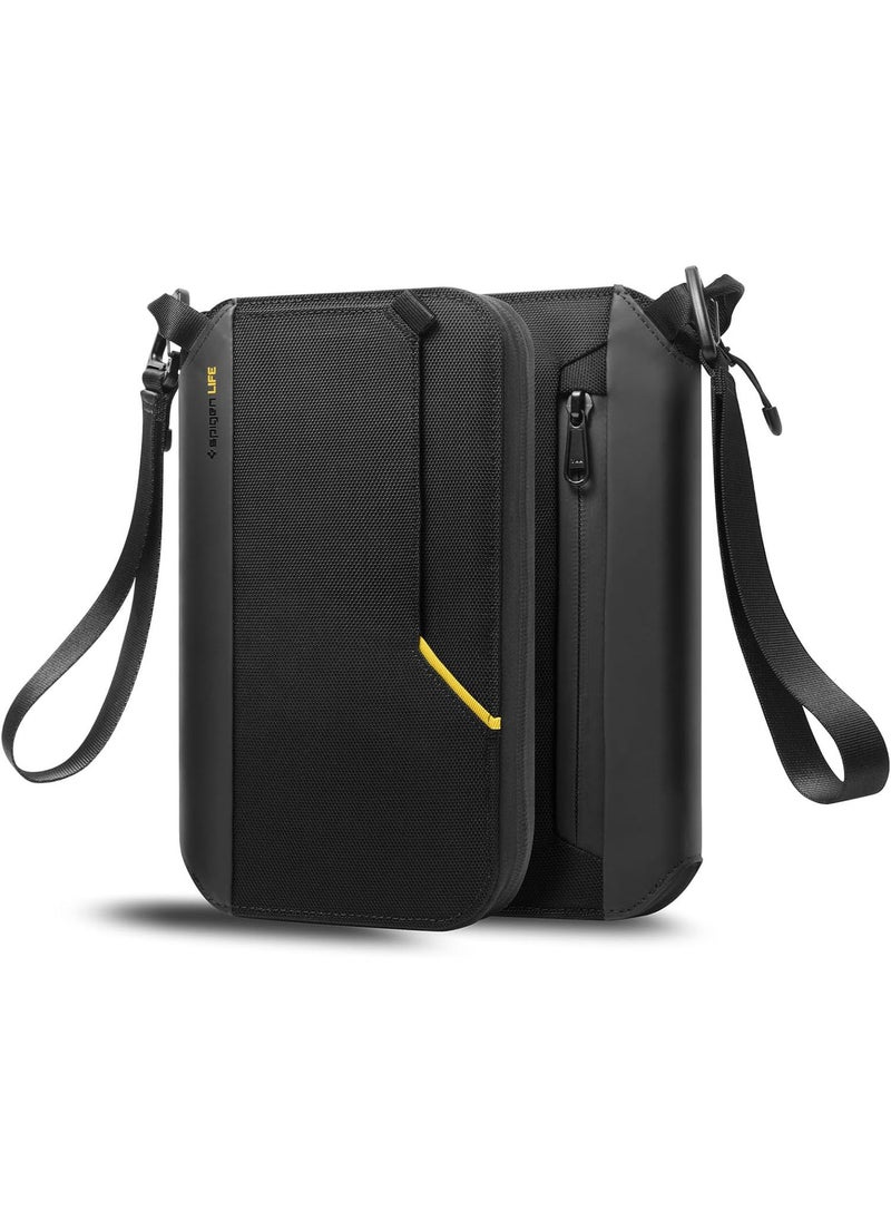 Spigen - Passport Holder Pouch Wallet for Family, Travel Accessories Documents Organizer Protector Card Cover with RFID Blocking, SIM Card Holder and Eject Pin, Wrist strap, up to 4 Passports - Black - Image 1
