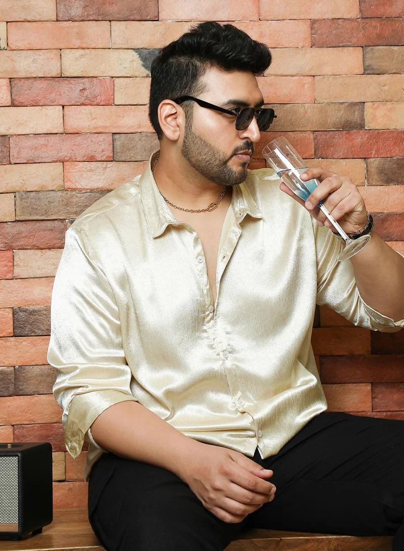 انستافاب بلس Instafab Plus Men's Cream White Solid Satin-Weave Shirt | Spread Collar , Long Cuffed Sleeves , Button Closure , Curved Hemline | Solid Satin Viscose Material For Evening & Party Wear