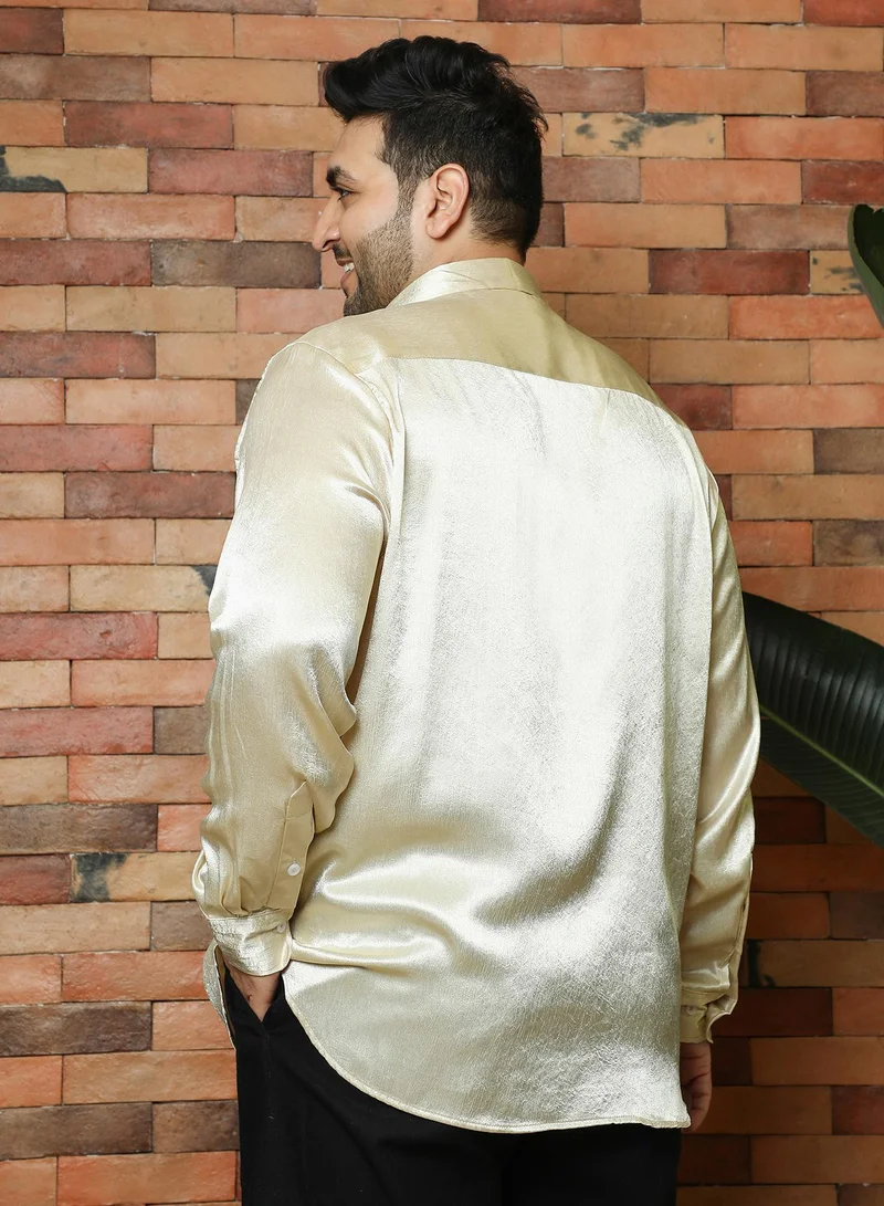 Instafab Plus Instafab Plus Men's Cream White Solid Satin-Weave Shirt | Spread Collar , Long Cuffed Sleeves , Button Closure , Curved Hemline | Solid Satin Viscose Material For Evening & Party Wear