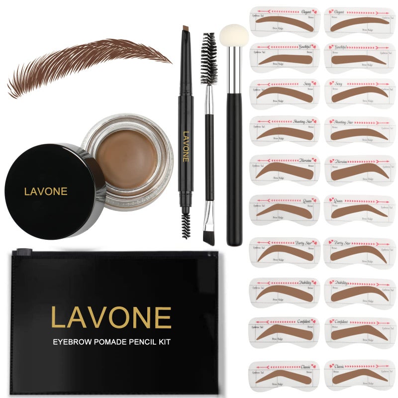 LAVONE Eyebrow Stamp Stencil Kit, Brow Stamp Trio Kit with Waterproof Eyebrow Pencil, Pomade, 20 Eyebrow Stencils, Dual-ended Eyebrow Brush and Sponge Applicator - Soft Brown - Image 1