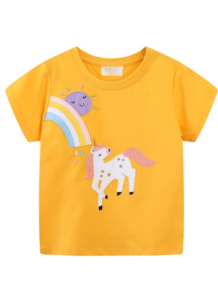 Generic - Unicorn Girl Short Sleeve T-shirt,Summer Yellow Baby Girls' Blouse T-shirt - Image 1