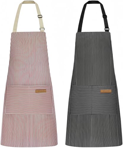 NLUS 2 Pack Kitchen Cooking Aprons, Adjustable Bib Soft Chef Apron with 2 Pockets for Men Women (Black Pinstripes/Pink Pinstripes) - Image 1