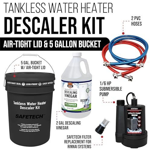 Safetech Tankless Water Heater Flushing Kit with 5-Gallon Screw-Top Lid, Premium Braided Hoses, 1/6 HP Pump, and Concentrated Vinegar - Image 2