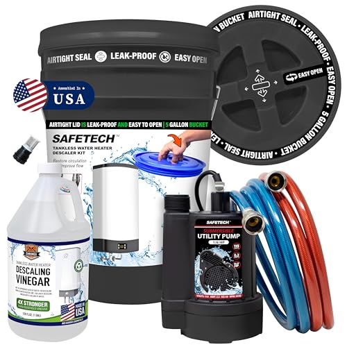 Safetech Tankless Water Heater Flushing Kit with 5-Gallon Screw-Top Lid, Premium Braided Hoses, 1/6 HP Pump, and Concentrated Vinegar - Image 1