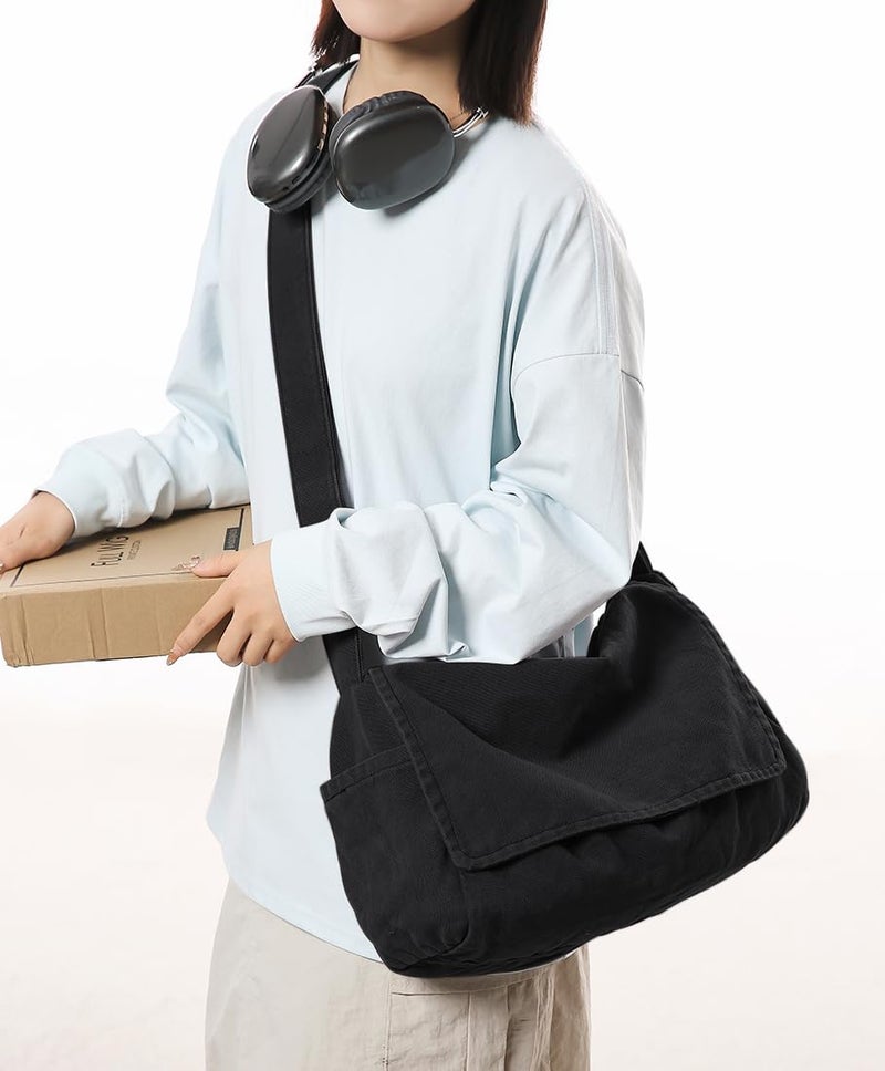 Collsants Messenger Bag for Women Men Satchel Bag Canvas Crossbody Shoulder Bag Casual Sling Bag(black) - Image 4