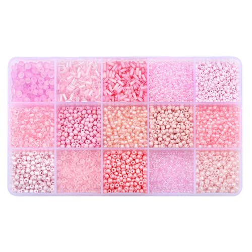 Basigeese Mix 15 Color Glass Seed Beads Tube Beads Glass Bugle Beads Loose Kit for Jewelry Making DIY Craft Beading (Mix 15 Color, Pink) - Image 1