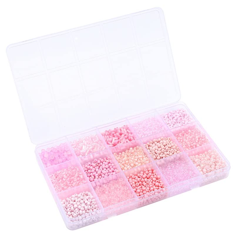 Basigeese Mix 15 Color Glass Seed Beads Tube Beads Glass Bugle Beads Loose Kit for Jewelry Making DIY Craft Beading (Mix 15 Color, Pink) - Image 2