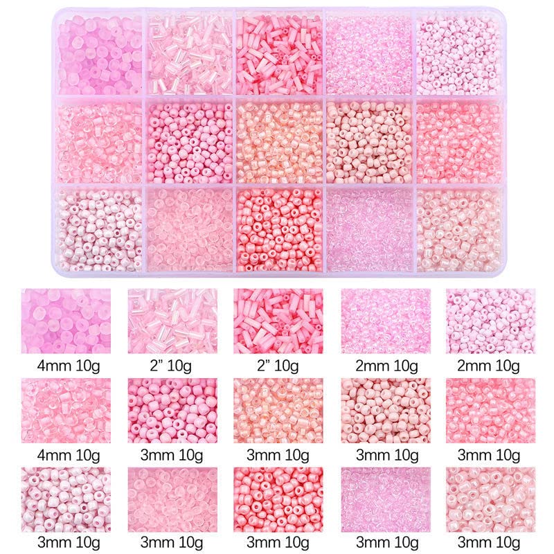Basigeese Mix 15 Color Glass Seed Beads Tube Beads Glass Bugle Beads Loose Kit for Jewelry Making DIY Craft Beading (Mix 15 Color, Pink) - Image 3