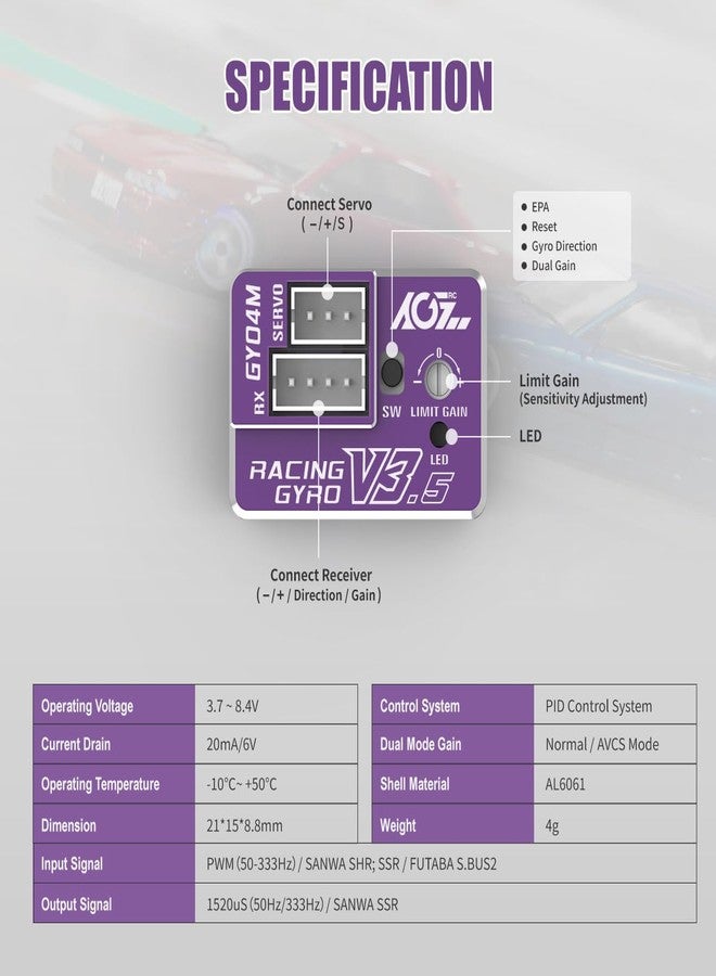 AGFRC Upgraded Mini Z RC Gyros - Mini Gyros for Drifting Mini-Z Car/Full Aluminum Precision RC Purple Gyro Set for Competition Grade RC Drifting (GY04M V3.5) - Image 3