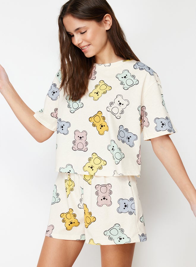 trendyol Ecru 100% Cotton Teddy Bear Shorts Knitted Pajama Set - Image 1