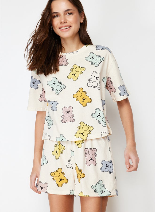 trendyol Ecru 100% Cotton Teddy Bear Shorts Knitted Pajama Set - Image 2