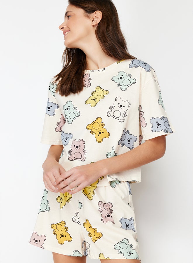 trendyol Ecru 100% Cotton Teddy Bear Shorts Knitted Pajama Set - Image 3