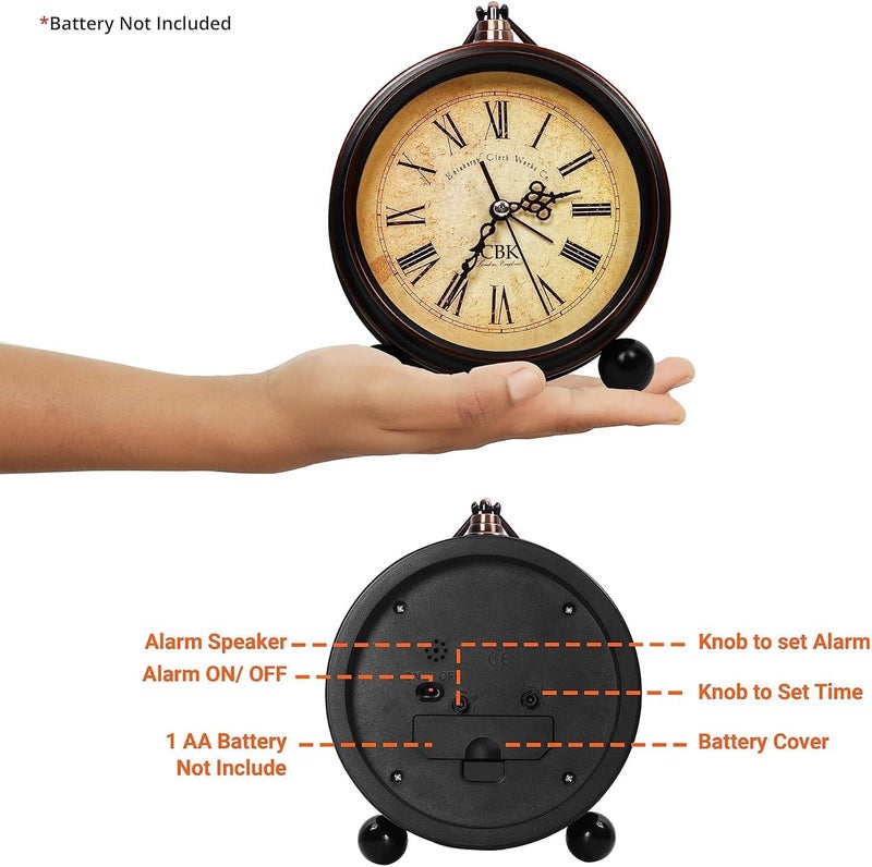 CBK Table Clock Retro Twin Bell Metal Frame Alarm Clock with Night Backlight Function & Silent Motion, High Volume Bedside Luminous Alarm for Bedroom/Office (Roman Vintage) - Image 4