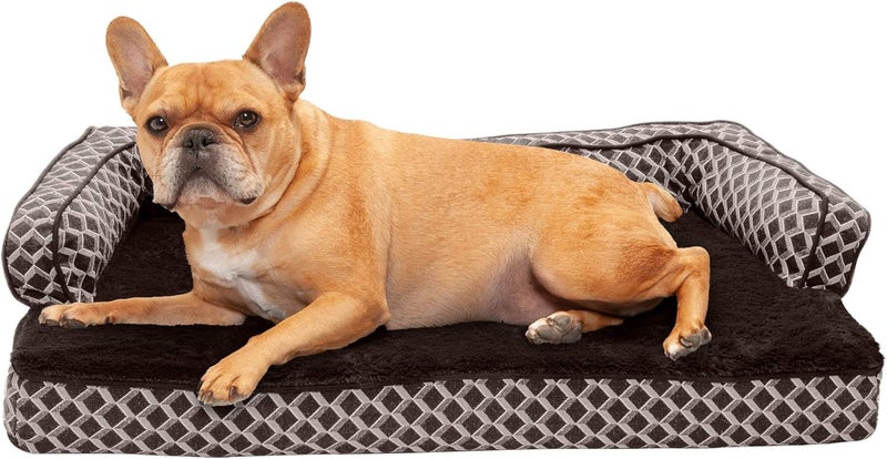 Furhaven Memory Foam Dog Bed for Medium/Small Dogs w/Removable Bolsters & Washable Cover, For Dogs Up to 35 lbs - Plush & Woven Decor Comfy Couch Sofa - Diamond Brown, Medium - Image 1