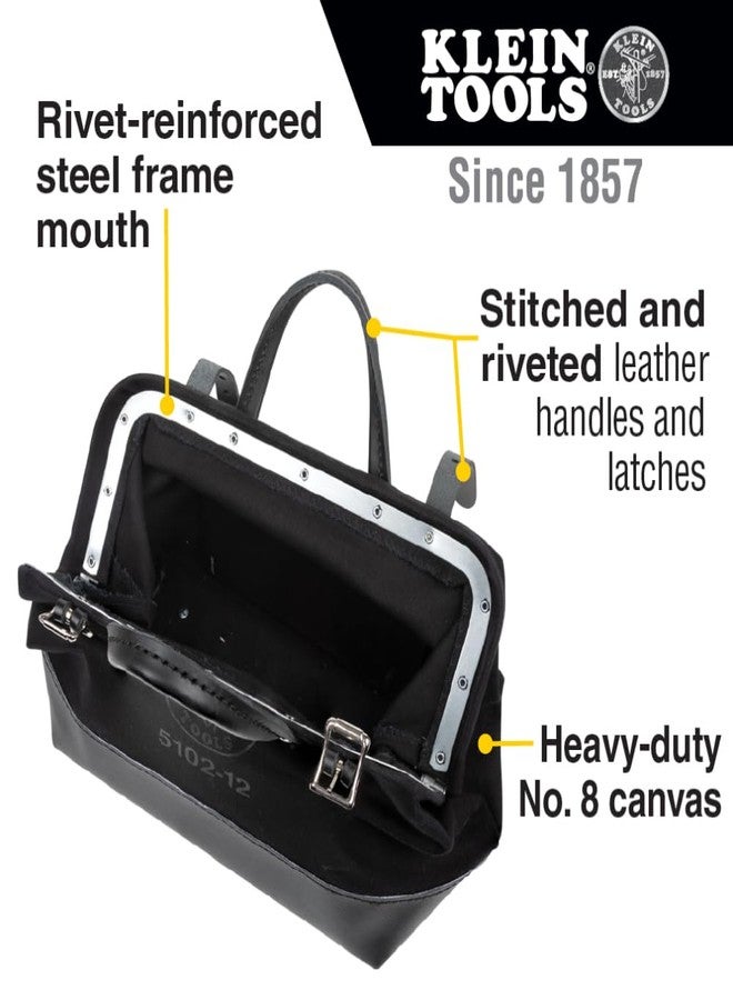 Klein Tools 510212BLK Heavy Duty Black Canvas Tool Bag, Tool Tote, Multi-Purpose Bag with Wide Hinged Opening and Leather Handles, 12-Inch - Image 2