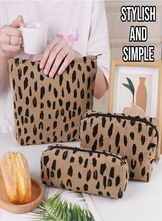 Gocvo Makeup Bag Cosmetic Bag Set for Girls Women Checkered Travel Organizer Bathroom Toiletry Pouch Large Capacity Storage Bag, Leopard Brown - Image 4